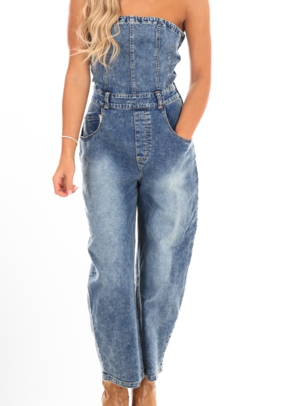 So Me Strapless Blue Acid-Wash Denim Jumpsuit barrel leg
